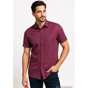 Buttercloth Mens Short Sleeve Button Down Shirt Burgundy Geometric Print Size M